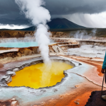 **Prompt 1: Geothermal Trekker in Awe**
    "A solo trekker, seen from a slight distance, standing on a designated path within a vibrant geothermal landscape. Steam billows from colorful hot springs (turquoise, sulfur yellow, rusty orange) and bubbling mud pools. The ground is stained with mineral deposits, creating a surreal, otherworldly palette. The trekker wears layered outdoor clothing and looks towards the expansive, mystical view, conveying a sense of wonder and resilience. Overcast but dramatic lighting, realistic photo."