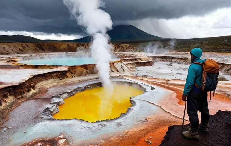 **Prompt 1: Geothermal Trekker in Awe**
"A solo trekker, seen from a slight distance, standing on a designated path within a vibrant geothermal landscape. Steam billows from colorful hot springs (turquoise, sulfur yellow, rusty orange) and bubbling mud pools. The ground is stained with mineral deposits, creating a surreal, otherworldly palette. The trekker wears layered outdoor clothing and looks towards the expansive, mystical view, conveying a sense of wonder and resilience. Overcast but dramatic lighting, realistic photo."