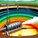 Geothermal Energy - The Core and Conversion**

An artistic cross-section illustration depicting the Earth's fiery core as the source of immense geothermal heat, with deep wells extracting superheated water and steam. This energy is channeled to a technologically advanced geothermal power plant, seamlessly integrated into a vibrant, verdant Vietnamese landscape. The image captures the wonder of transforming hidden underground power into clean electricity, showcasing the efficient operation of turbines. Emphasize the blend of natural forces and human innovation for sustainable energy. The overall ambiance is bright, hopeful, and focused on the core principle of geothermal power generation.

**