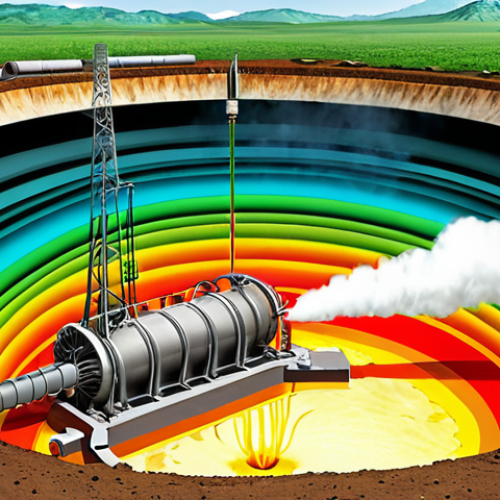 Home 8 Geothermal Energy - The Core and Conversion**
An artistic cross-section illustration depicting the Earth's fiery core as the source of immense geothermal heat, with deep wells extracting superheated water and steam. This energy is channeled to a technologically advanced geothermal power plant, seamlessly integrated into a vibrant, verdant Vietnamese landscape. The image captures the wonder of transforming hidden underground power into clean electricity, showcasing the efficient operation of turbines. Emphasize the blend of natural forces and human innovation for sustainable energy. The overall ambiance is bright, hopeful, and focused on the core principle of geothermal power generation.
**