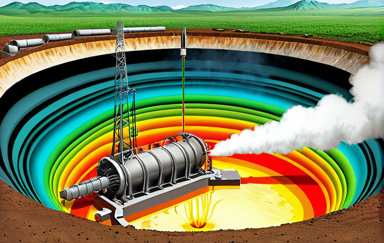 Geothermal Energy - The Core and Conversion**

An artistic cross-section illustration depicting the Earth's fiery core as the source of immense geothermal heat, with deep wells extracting superheated water and steam. This energy is channeled to a technologically advanced geothermal power plant, seamlessly integrated into a vibrant, verdant Vietnamese landscape. The image captures the wonder of transforming hidden underground power into clean electricity, showcasing the efficient operation of turbines. Emphasize the blend of natural forces and human innovation for sustainable energy. The overall ambiance is bright, hopeful, and focused on the core principle of geothermal power generation.

**