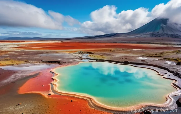 지열 지역에서의 하이킹 가이드 - **Prompt: Geothermal Explorer in Vibrant Landscape**
A dynamic, wide-angle shot of a confident t...