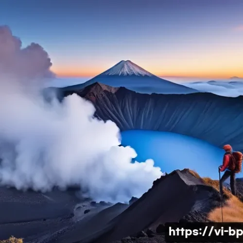 Home 33 화산 지역에서의 사진 촬영 팁 - A professional photographer, mid-30s, stands on a volcanic ridge at dawn, capturing the majestic lan...