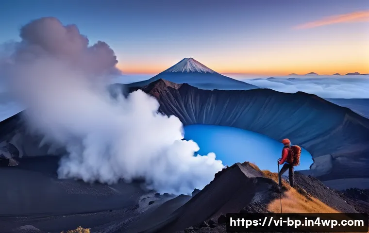 화산 지역에서의 사진 촬영 팁 - A professional photographer, mid-30s, stands on a volcanic ridge at dawn, capturing the majestic lan...