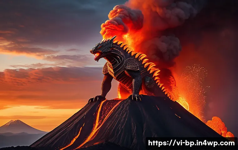 화산 투어에서 만난 괴물 전설 - A colossal mythical creature named “Ratu Api” standing guard atop an active volcano in Indonesia, it...