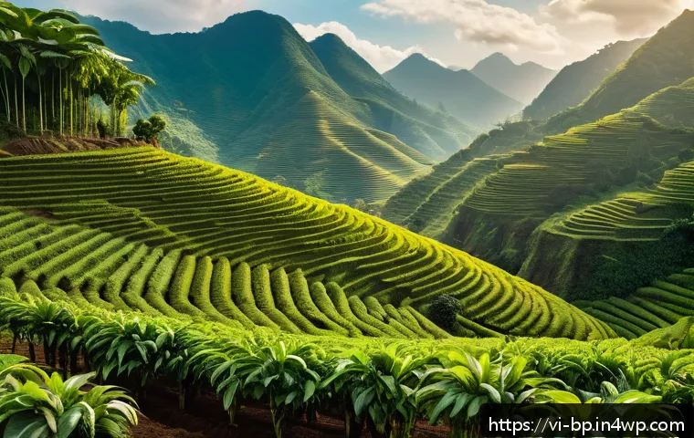 화산 지역의 열대 식물 - A vibrant tropical coffee plantation on rich basalt soil in Vietnam’s Central Highlands, showcasing ...