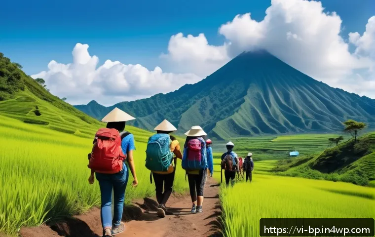 화산 관광을 위한 예산 계획 - A vibrant scene of a Vietnamese volcanic mountain landscape during the low season in June, showing a...