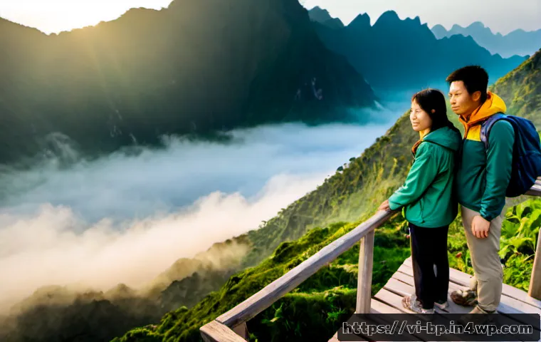 Home 17 화산 투어의 전망 좋은 장소 - Photorealistic sunrise view from a safe volcanic crater rim in northern Vietnam, a Vietnamese couple...