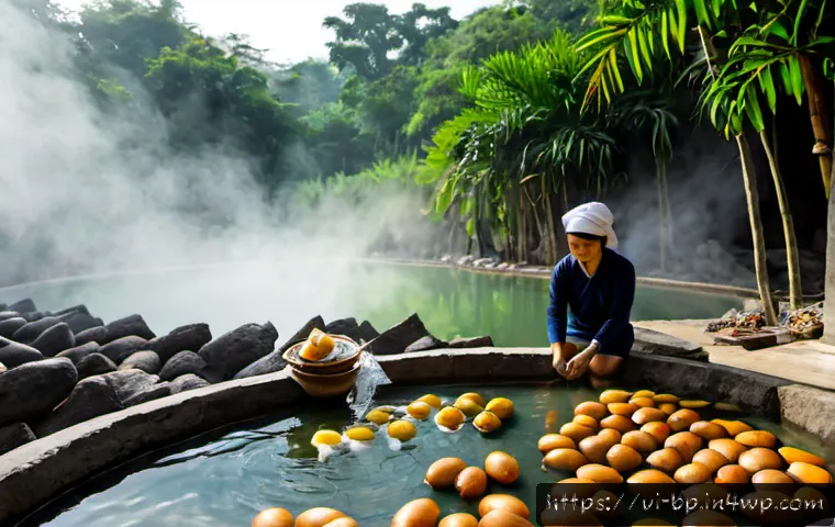 지열 지역의 전통 음식 체험 - Photorealistic Vietnamese geothermal food experience at Binh Chau hot springs, a local cook lowering...