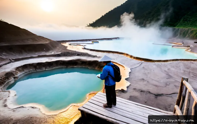 Home 17 지열 지역 탐방의 필수 가이드북 - Photorealistic travel guide scene in a volcanic geothermal region of northern Vietnam, a Vietnamese ...